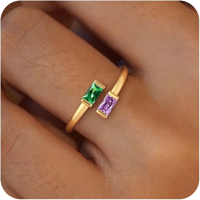 Honsny Gold Birthstone Rings for Women Non Tarnish 14K Gold Plated Adjustable Emerald Ring Cubic Zirconia Gemstone Promise Ring for Her Engagement Personalized Waterproof Jewelry Gifts for Birthday