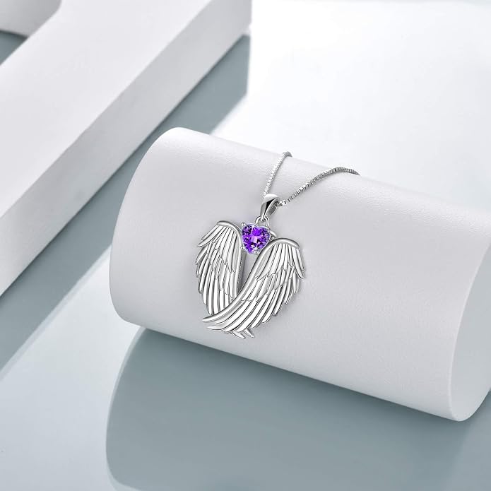 YFN Angel Wings Necklace 925 Sterling Silver Guardian Angel Wings Pendant Necklace Birthstone Necklace for Women Girls Christmas Jewelry Gifts