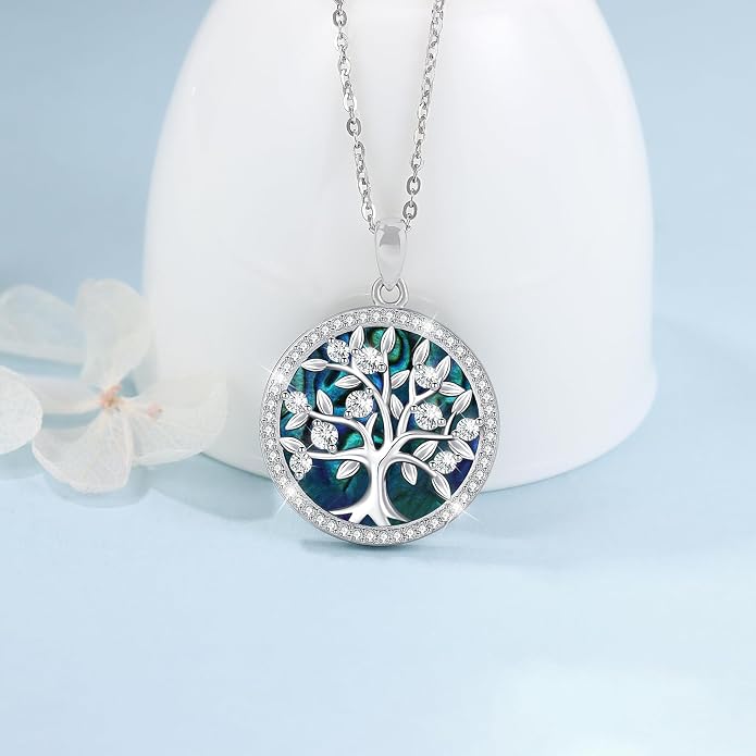 Aniu Tree of Life Necklace for Women, 925 Sterling Silver Mother of Pearl Family Palm Tree Charm Pendant Jewelry for Birthday Christmas Gift