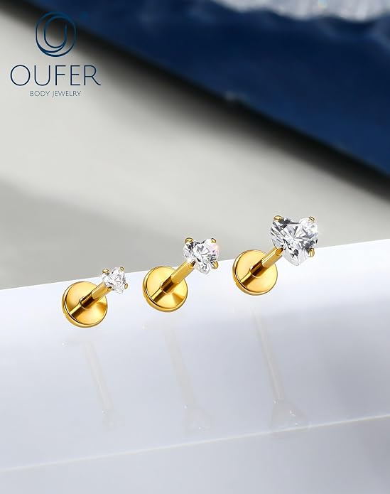 OUFER 18G 6/7/8MM Flat Back Cartilage EarRings-3PCS Gold Titanium Extended Internally Threaded Lip Piercing 2/3/4MM Round Clear CZ Helix Piercing Jewelry