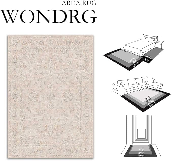 5x7 Cream Washable Area Rug for Living Room Bedroom Neutral Floral Soft Non Slip Rug Low Pile Distressed Carpet for Dining Room Nursery Office Indoor