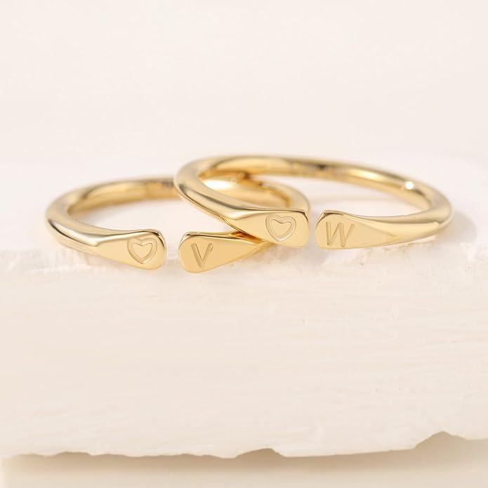 14k Gold Filled Hand Carving Initial Rings for Women Non Tarnish Wedding Heart Shaped Bands for Women