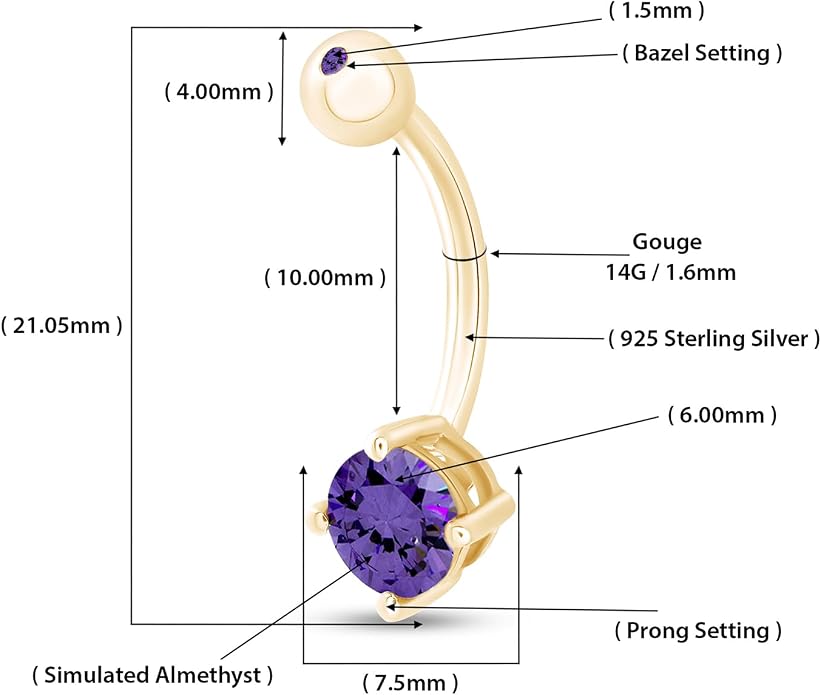 AFFY Round Shape Body Piercing Curved Barbells, Floating Navel Belly Piercing Button Premium Surgical Steel Ring in 14K Gold Over Sterling Silver