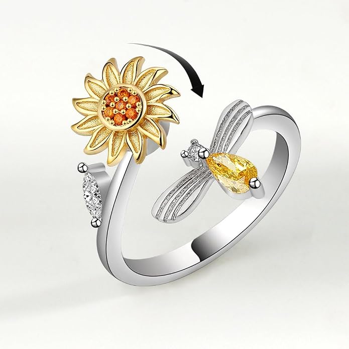 Fidget Ring Anxiety Spinner Ring Open Adjustable Sunflower Star Moon Windmill Butterfly Rings Daisy Stress Relieving Fidget Women Cubic Zirconia Anti Stress Mood Rotate Inspirations Jewelry