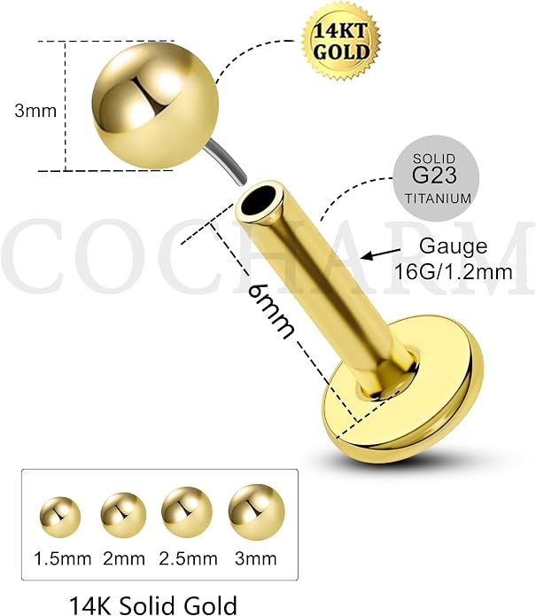 COCHARM 14K Solid Gold Helix Cartilage Tragus Earring Stud 16g Yellow Gold Threadless Tragus Cartilage Helix Conch Piercing Jewelry Flat Back Lip Labret Medusa Monroe Piercing Stud