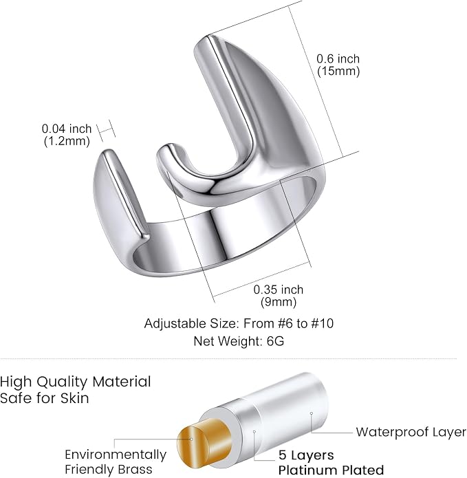 KeyStyle Bold Initial Letter Rings Adjustable, GoldChic Jewelry Women Gold Statement Ring Personalized Engraved Women’s Open Signet Ring for Party (Gold, White Gold, Black)