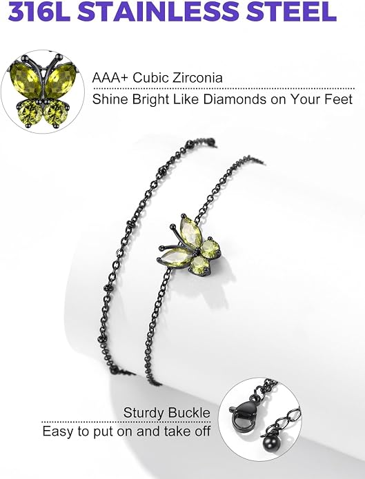 Richsteel Double Layer Heart/Butterfly Birthstone Anklet for Women Non Tarnish Waterproof, Silver/Gold/Black Stainless Steel 8.5-10.5 Inch Adjustable Chain Anklets Jewelry Gifts for Her