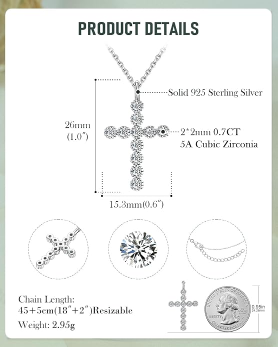925 Sterling Silver 18 inch Birthstone Cross Pendant Necklace for Women Men