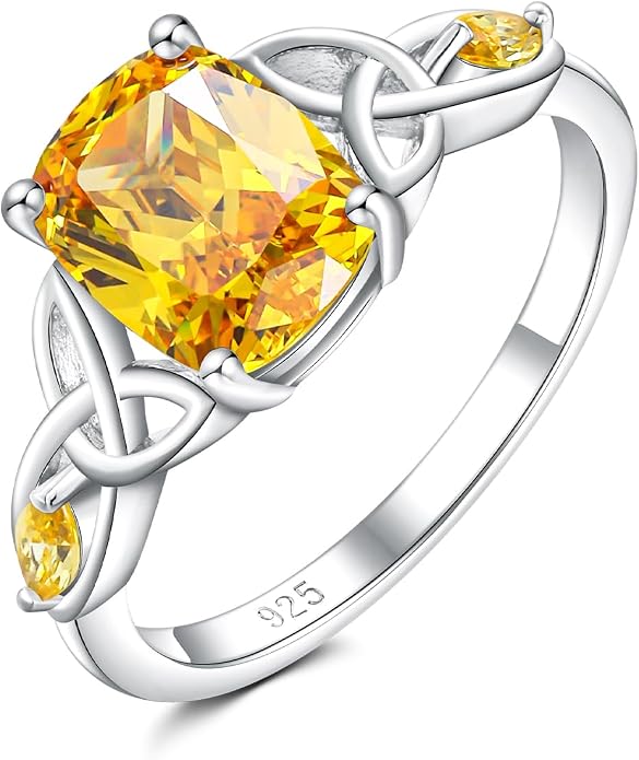 925 Sterling Silver Birthstone Rings for Women Cushion Cut Engagement Celtic Knot Ring Irish Jewelry Created Gemstone Anniversary Rings Size 6-10(with Box)