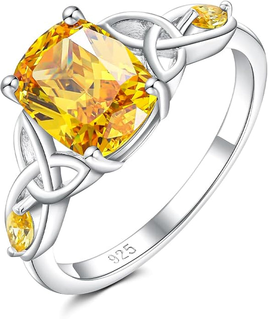 925 Sterling Silver Birthstone Rings for Women Cushion Cut Engagement Celtic Knot Ring Irish Jewelry Created Gemstone Anniversary Rings Size 6-10(with Box)