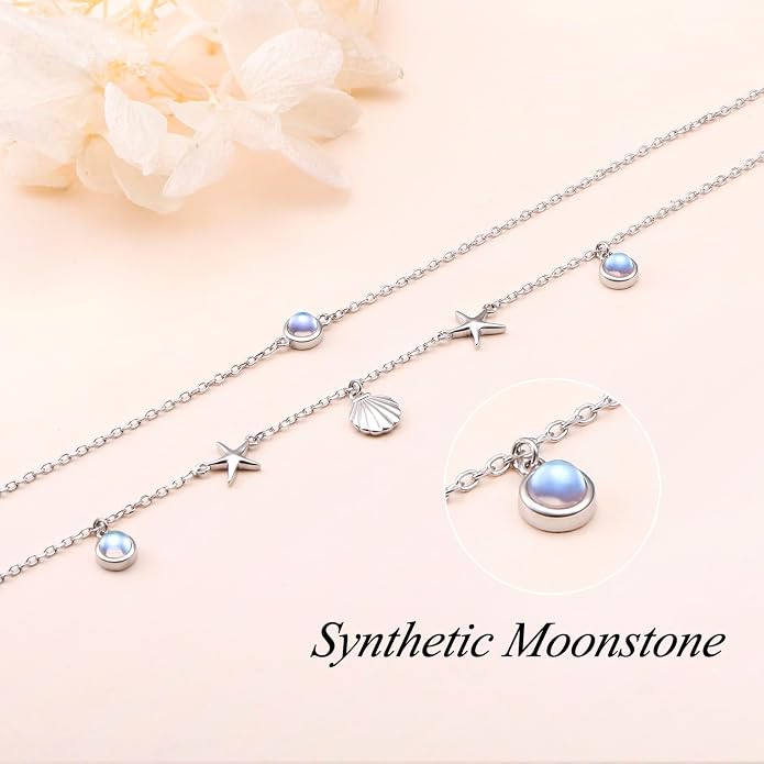 Ladytree S925 Sterling Silver Boho Beach Double Layer Anklets Bracelet for Women Adjustable 9 to 11 inches