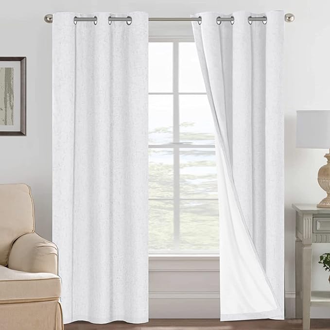 H.VERSAILTEX 100% Blackout Curtains for Bedroom Thermal Insulated Linen Textured Curtains Heat and Full Light Blocking Drapes Living Room Curtains 2 Panel Sets, 42x84 - Inch, White