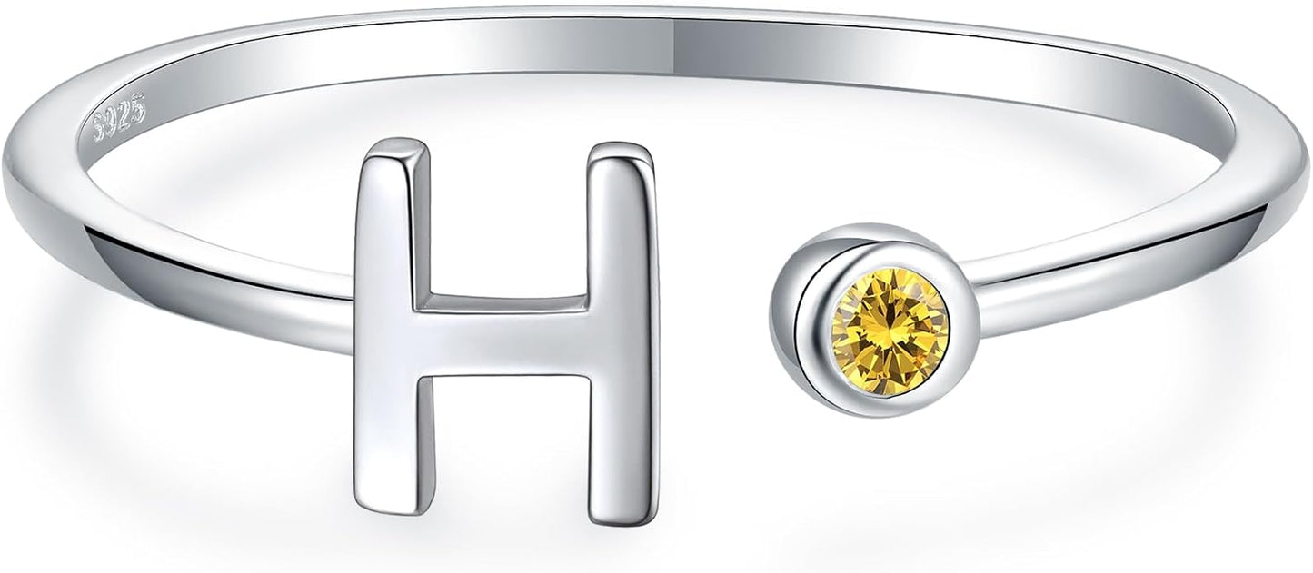 925 Sterling Silver Initial Letter Birthstone Rings for Women Adjustable 1-12 Month Birthstone Alphabet Stacking Ring for Teens Girls Stackable Birthstone Rings Birthday Jewelry Gift for Daughter Mom
