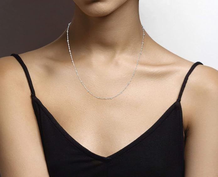 Miabella Italian 925 Sterling Singapore Bead Chain Station Necklace for Women, Made in Italy