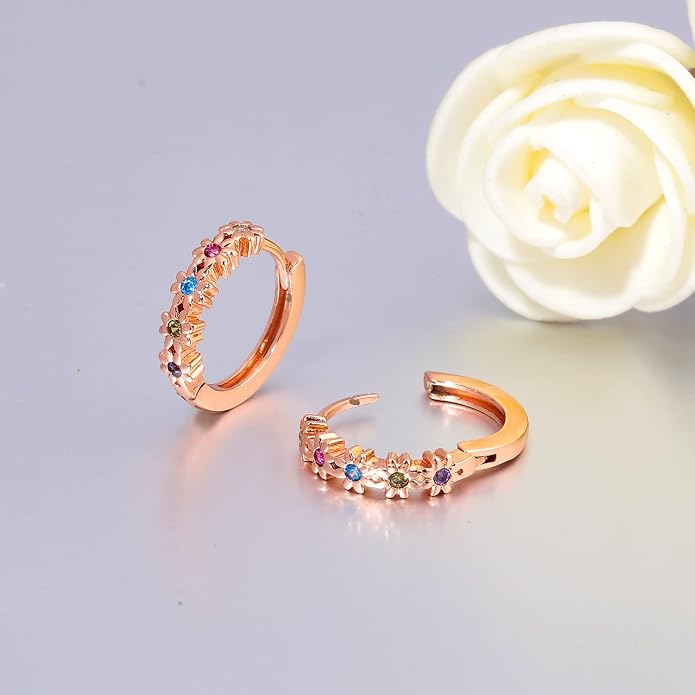 CiNily Small Hoop Earrings for Women Girls Flower Cubic Zirconia Huggie Earrings Hypoallergenic 14K Yellow Gold Plated Cartilage Earrings