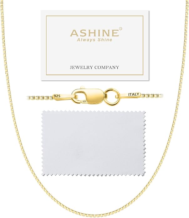ASHINE 18K Gold Box Chain Necklace for Women, 1mm Italian Lobster Clasp Chains, Dainty & Sturdy Necklace with Silver Polishing Cloth Available in 16-36 Inch