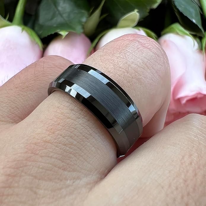 TUTISS 6mm 8mm Silver/Black/Gunmetal/Gold Tungsten Rings for Men Women Fashion Jewelry Engagement Wedding Bands Matte Polished Shiny Beveled Edges Comfort Fit