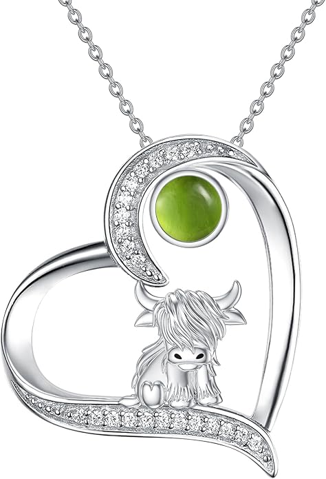 Highland Cow Gifts for Women 925 Sterling Silver Highland Cow Birthstone Necklace Fluffy Cow Jewelry Gifts Birthday Christmas