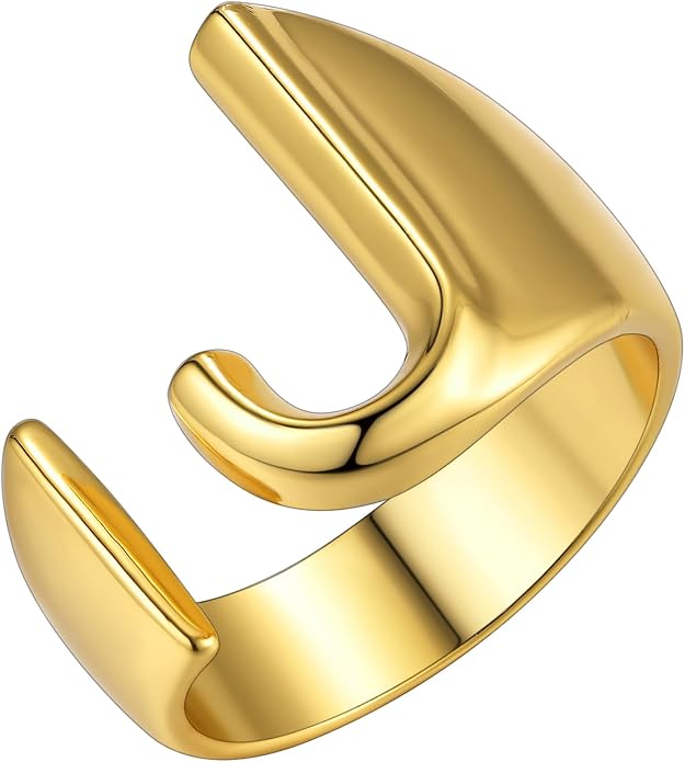 KeyStyle Bold Initial Letter Rings Adjustable, GoldChic Jewelry Women Gold Statement Ring Personalized Engraved Women’s Open Signet Ring for Party (Gold, White Gold, Black)