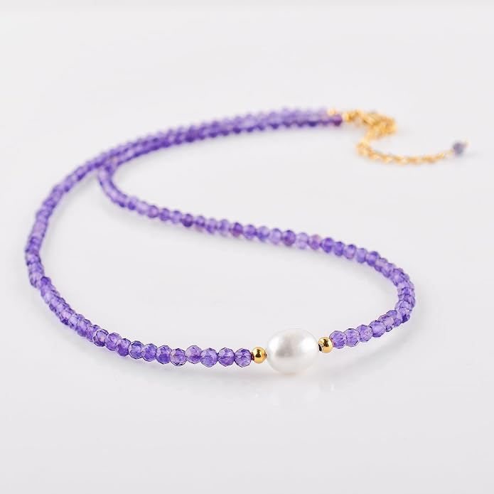 InfinityGemsArt Gemstone Gold Necklace For Women, Birthstone Natural Crystal Stone With Freshwater Pearl Beaded Jewelry, Gold Plated 18 Inch Chain