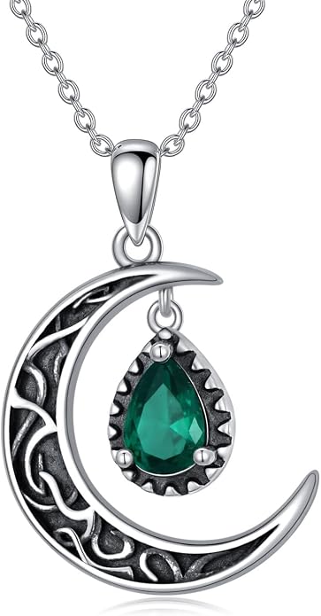VONALA Crescent Moon Necklace Sterling Silver Emerald/Red/Purple/Black/Rainbow Topaz/Green/Aquamarine/Blue/Moss Agate Celtic Moon Teardrop Necklace Celtic Jewelry Gifts for Women Birthday