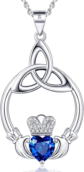 Gift Birthstone Necklaces for Women 925 Sterling Silver Irish Claddagh Necklace for Women Heart Birthstone Pendant Necklace Anniversary Birthday Gifts for Wife Lady Cable Chain 18"+2"