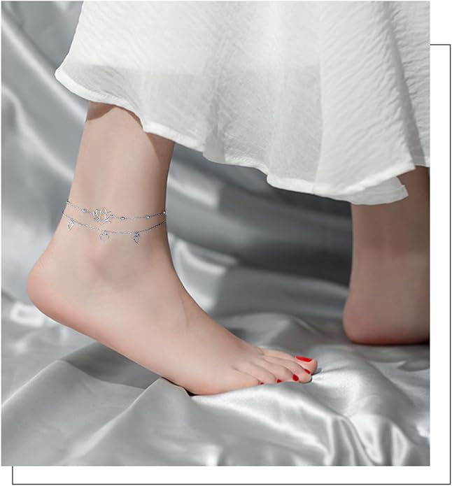 Flyow Anklet for Women S925 Sterling Silver Adjustable Foot Beaded Heart Charm Ankle Bracelet Anklets Jewelry