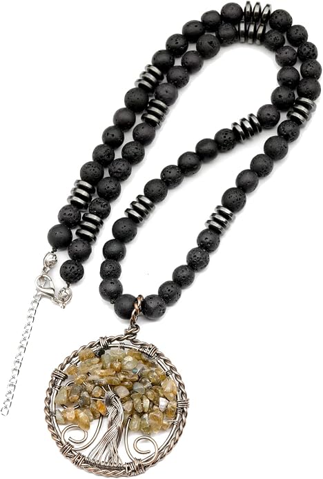 ElisaJewelryArt - Natural Labradorite Big Tree Of Life Black Lava Stone Beaded Necklace Genuine Gemstone Energy Stone Clasp Closure Necklace Unisex Necklace