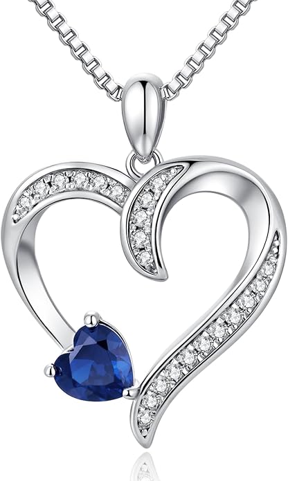 Love Heart Necklace for Women, 925 Sterling Silver Cubic Zirconia Birthstone Heart Pendant Jewelry Gift for Mom, Mother, Wife, Girlfriend on Birthday, Mother's Day, Chain 18 inch