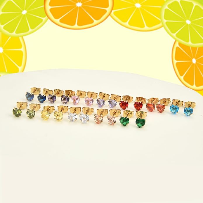 12 Pairs Surgical Stainless Steel Stud Earring Round Heart Star Square Cubic Zirconia Birthstone Stud Earrings Set for Women
