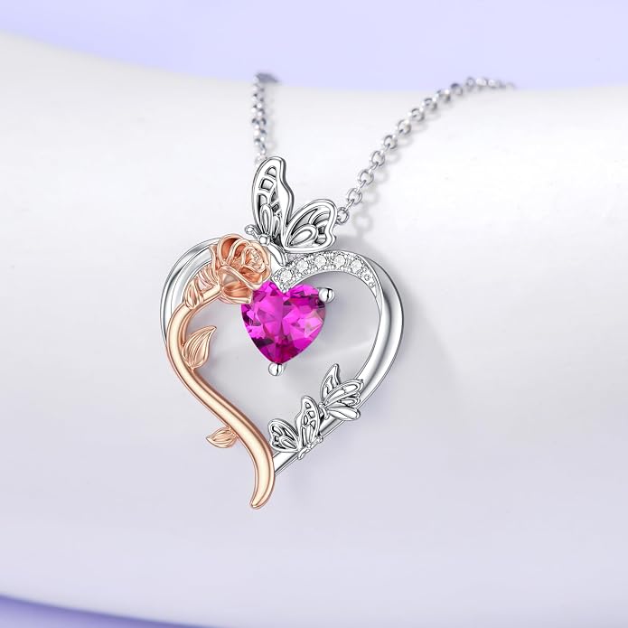 TOUPOP Rose Heart Birthstone Necklace 925 Sterling Silver Heart Butterfly Pendant Love Jewelry Birthday Gifts for Women Wife Mom Her