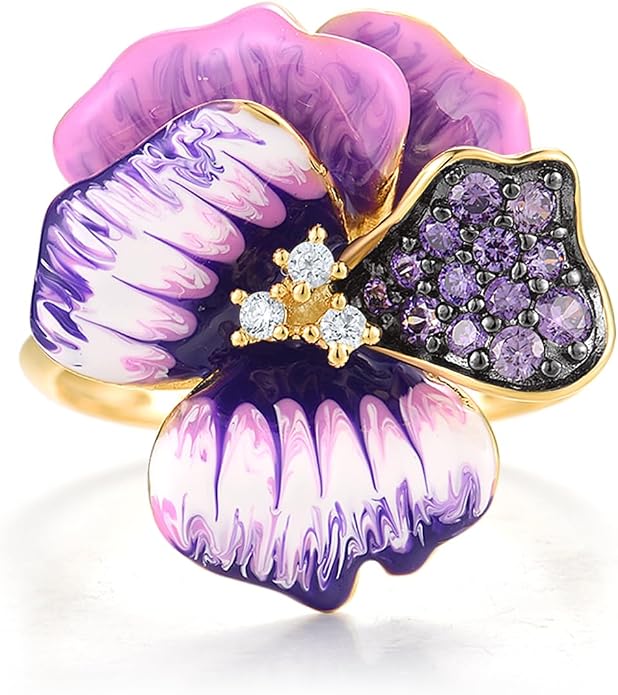 Santuzza 925 Sterling Silver Enamel Flower Statement Ring for Women