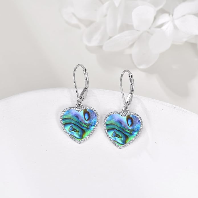 Mother of Pearl/Black Onyx/Abalone Shell Heart Leverback Dangle Earrings Sterling Silver Fashion Jewelry Gifts for Women