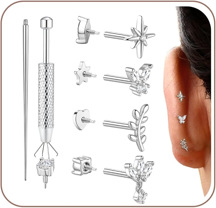 Drperfect 18G Reversible Flat Back Stud Earrings for Women Hypoallergenic Surgical Steel 14K Gold Silver Plated Internal Thread Stud Piercing Jewelry for Tragus Helix Cartilage Conch Piercing