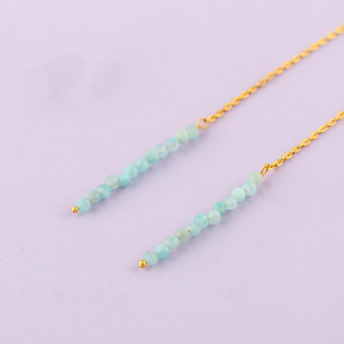 Natural Gemstone Threader Earrings for Women - Dainty 2mm Faceted Beads - Birthstone Crystal Drop Earrings - Silver Plated Healing Jewelry