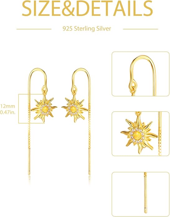 TANGPOET Sun Moon Star Threader Earrings for Women 925 Sterling Silver Synthetic Opal Long Chain Thread Earrings Hypoallergenic Celestial Jewelry Gifts for Birthday Mother's Day Christmas
