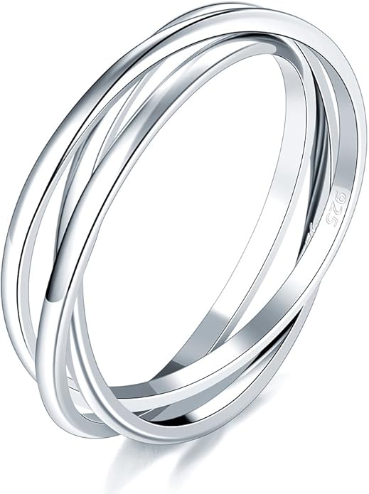 BORUO 925 Sterling Silver Ring, 14K Gold Plated Waterproof Fidget Anxiety Ring, Triple Row Rolling Interlocking Stacking High Polish Band for Women, Men| Each Band Width 1.8mm 3mm Size 4-12