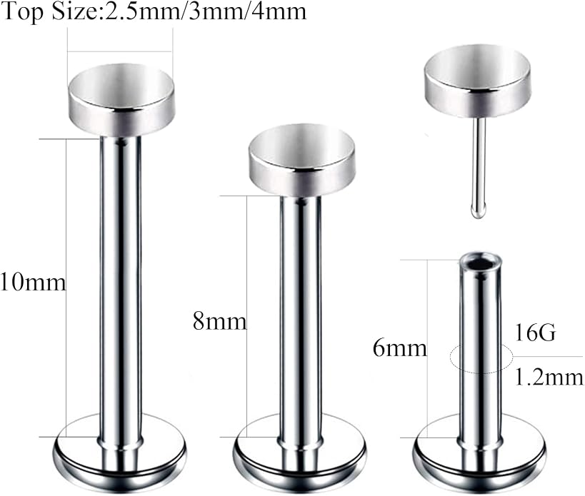 3pcs G23 Titanium 20G/18G/16G 6mm/8mm/10mm/12mm Press Fit Threadless Push Pop 2.5mm 3mm 4mm Flat Top 4mm Flat Back Piercing Lip Stud Earring Labret Monroe Lip Ring Tragus Cartilage Earring Stud