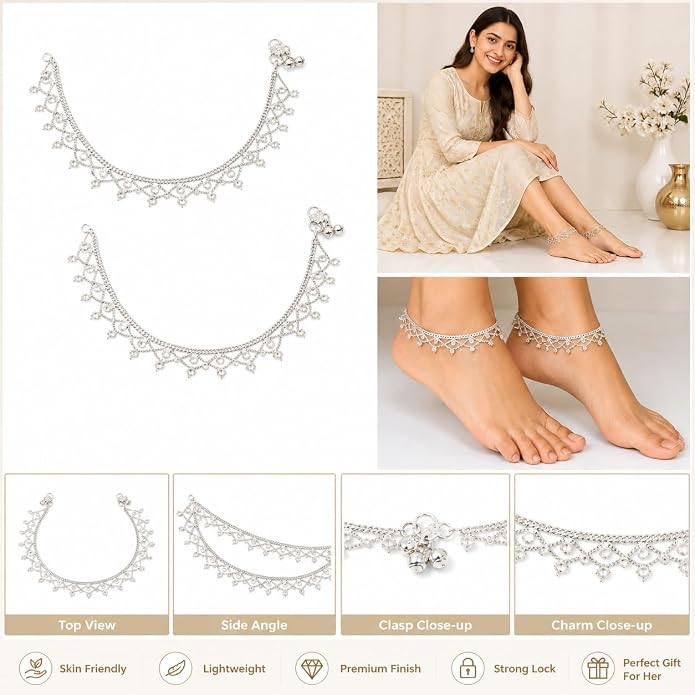 Jewar Anklet Payal Indian Traditional CZ Ad Plain Simple Handmade Natural Gold Plated Jewelry