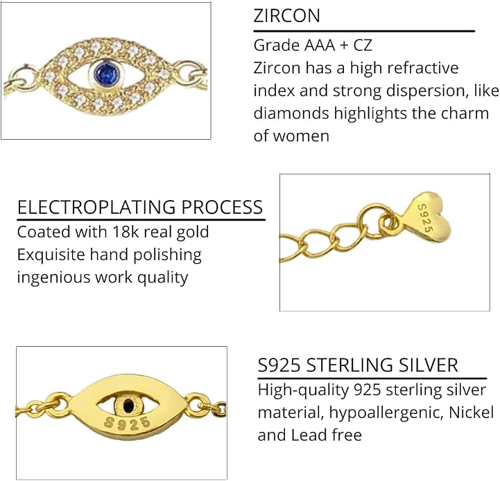 Evil Eye Bracelet, 925 Sterling Silver Adjustable Dainty Turkish Evil Eye AAA Cubic Zirconia Jewelry for Women