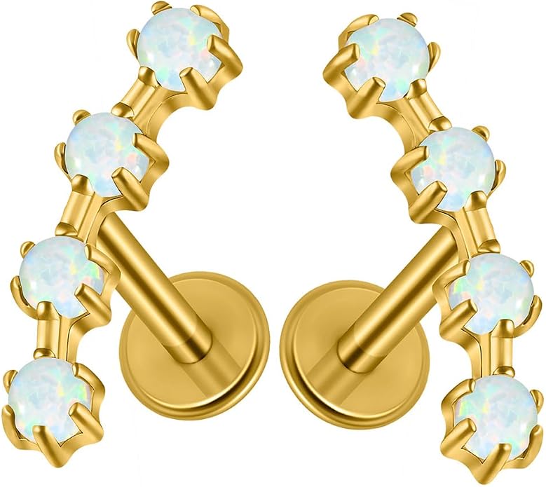 2PCS G23 Titanium Fire Opal CZ Labret Stud Piercing Cartilage Helix Tragus Climber Earrings for Men Women Lip Monroe Body Piercing Jewelry