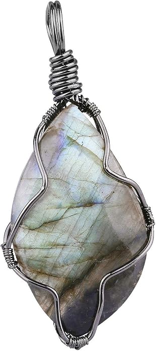 TUMBEELLUWA Labradorite Necklace Irregular Shape Wire Wrapped Quartz Crystal Pendant with Chain Healing Stone Jewelry