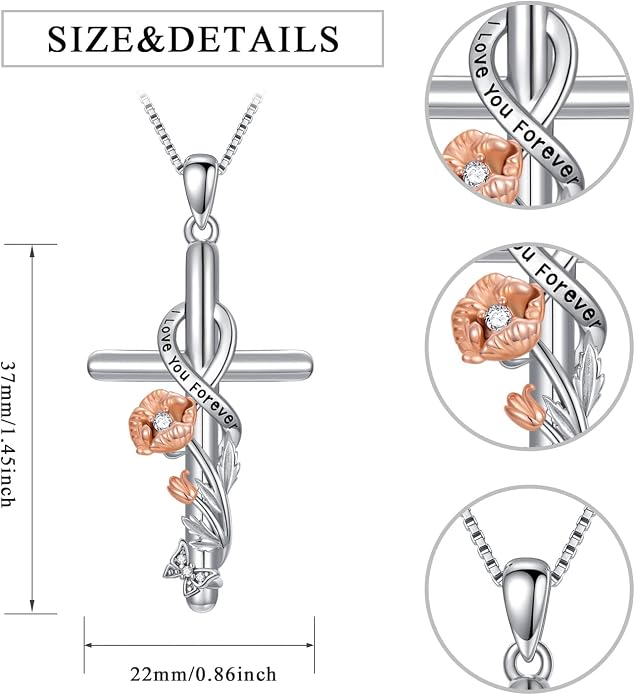 Cross Necklace for Women 925 Sterling Silver I Love You Necklace Religious Jewelry with Gift Box for Mother Daughter