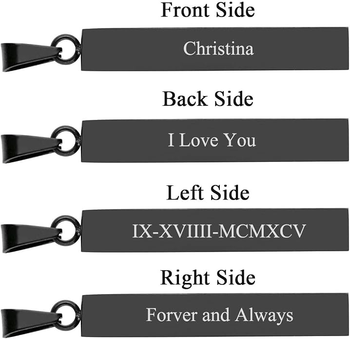 PiercingJ 4 Side Engraving Personalized Custom Message Name Bar Necklace Stainless Steel Pendant Chain for Men Women Valentine's Day Gift Box