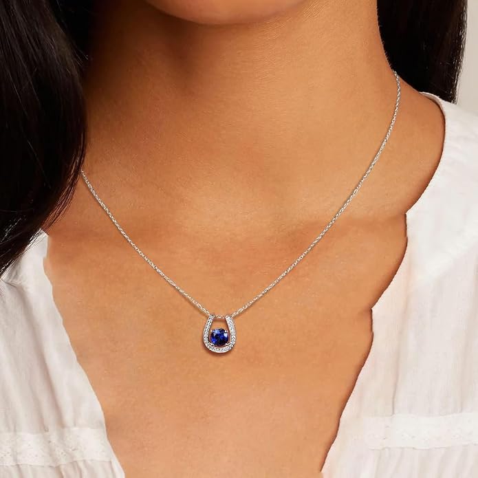 925 Sterling Silver Horseshoe Necklace for Women Round Gemstone Birthstone Necklace Sapphire/Emerald/Ruby/CZ Horse Shoe Pendant Necklaces Jewelry Gift