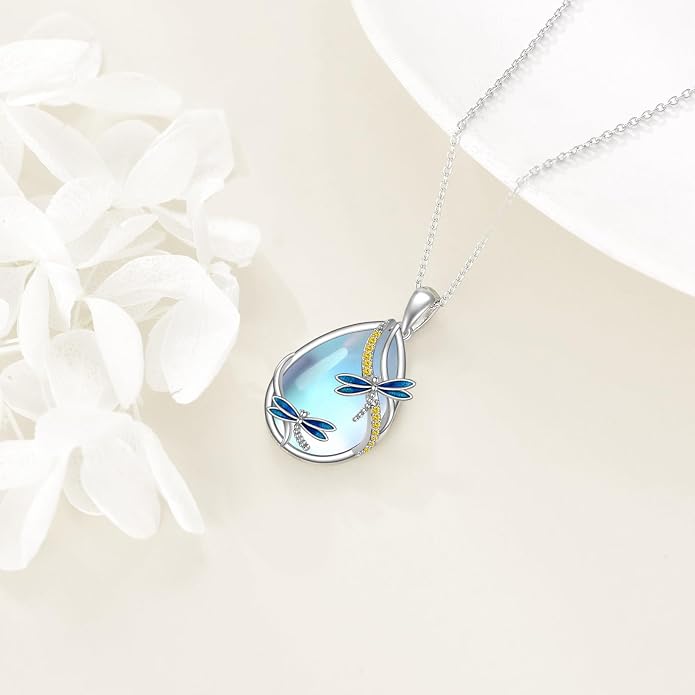 KQF Dragonfly/Butterlfy/Cat/Jellyfish/Bunny/Axolotl/Bee/Mermaid/Hummingbird/Elephant Necklace for Women Sterling Silver Moonstone Pendant Necklace Dragonfly Jewelry Gifts for Women