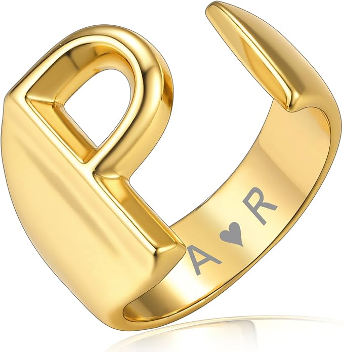 KeyStyle Bold Initial Letter Rings Adjustable, GoldChic Jewelry Women Gold Statement Ring Personalized Engraved Women’s Open Signet Ring for Party (Gold, White Gold, Black)