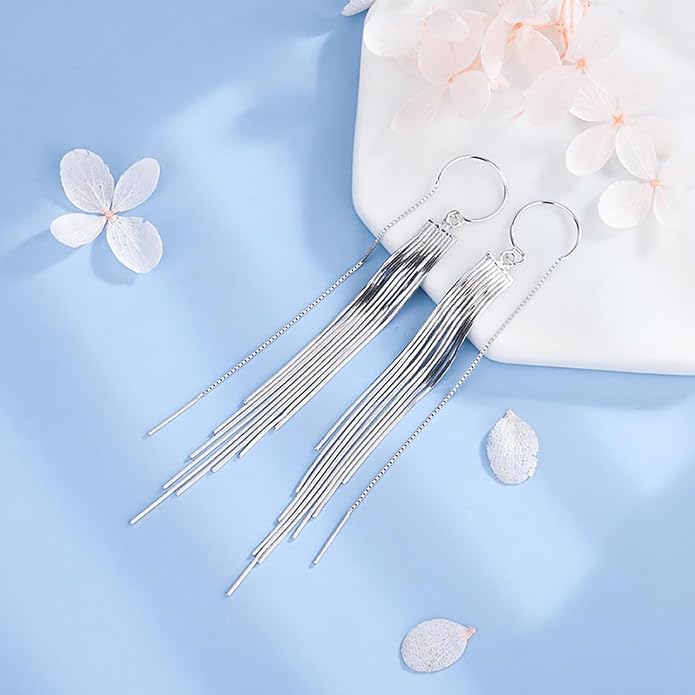 Sterling Silver Big Drop Earrings 925 Tassel Linear Ear Hanging Shimmering Fan Statement Teardrop Earrings - Designer Multi-Style Statement Exquisite Trendy Upscale Chandelier Dangle Earrings Jewelry Gift for Women