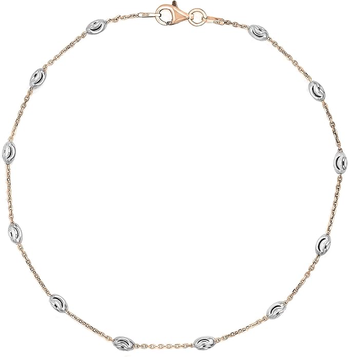 Savlano 18K Gold Plated Over 925 Sterling Silver Station Oval Moon Bead Anklet Chain For Women. Silver, Gold, Rose Gold - Made in Italy Comes With a Gift Box
