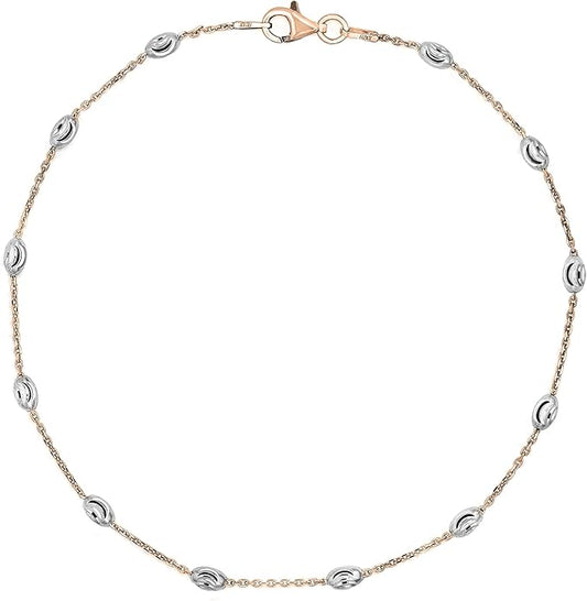Savlano 18K Gold Plated Over 925 Sterling Silver Station Oval Moon Bead Anklet Chain For Women. Silver, Gold, Rose Gold - Made in Italy Comes With a Gift Box
